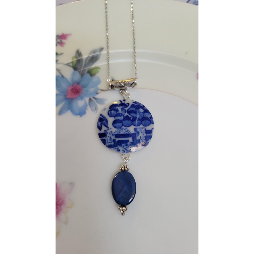 Antique Eggshell Porcelain Blue Willow Necklace Handcrafted Broken China Pendant